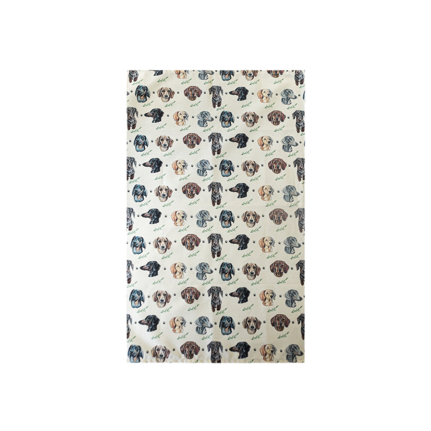 Patterned fabric with dog faces on a white background