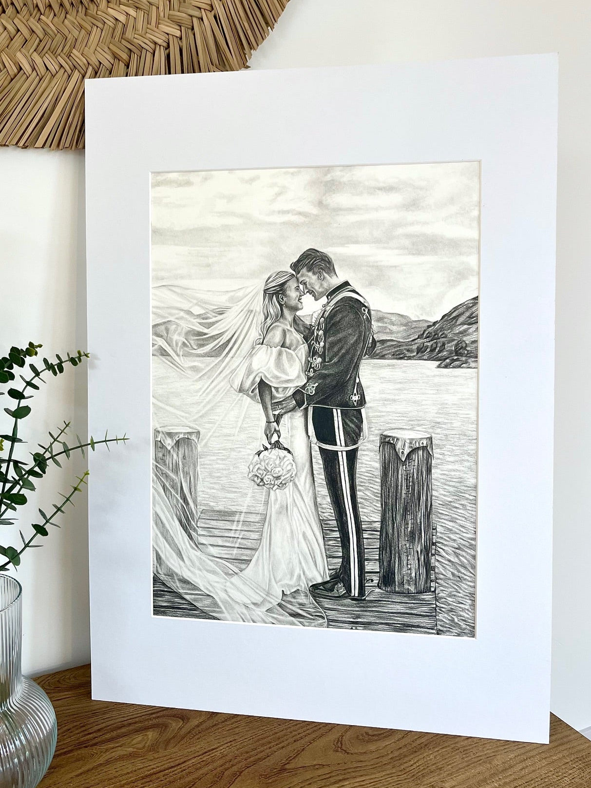 Graphite wedding portrait of a couple with mountain scenery, created by Dizzign
