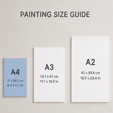 Painting size guide showing A4, A3 and A2 portrait options with blue A4 sheet