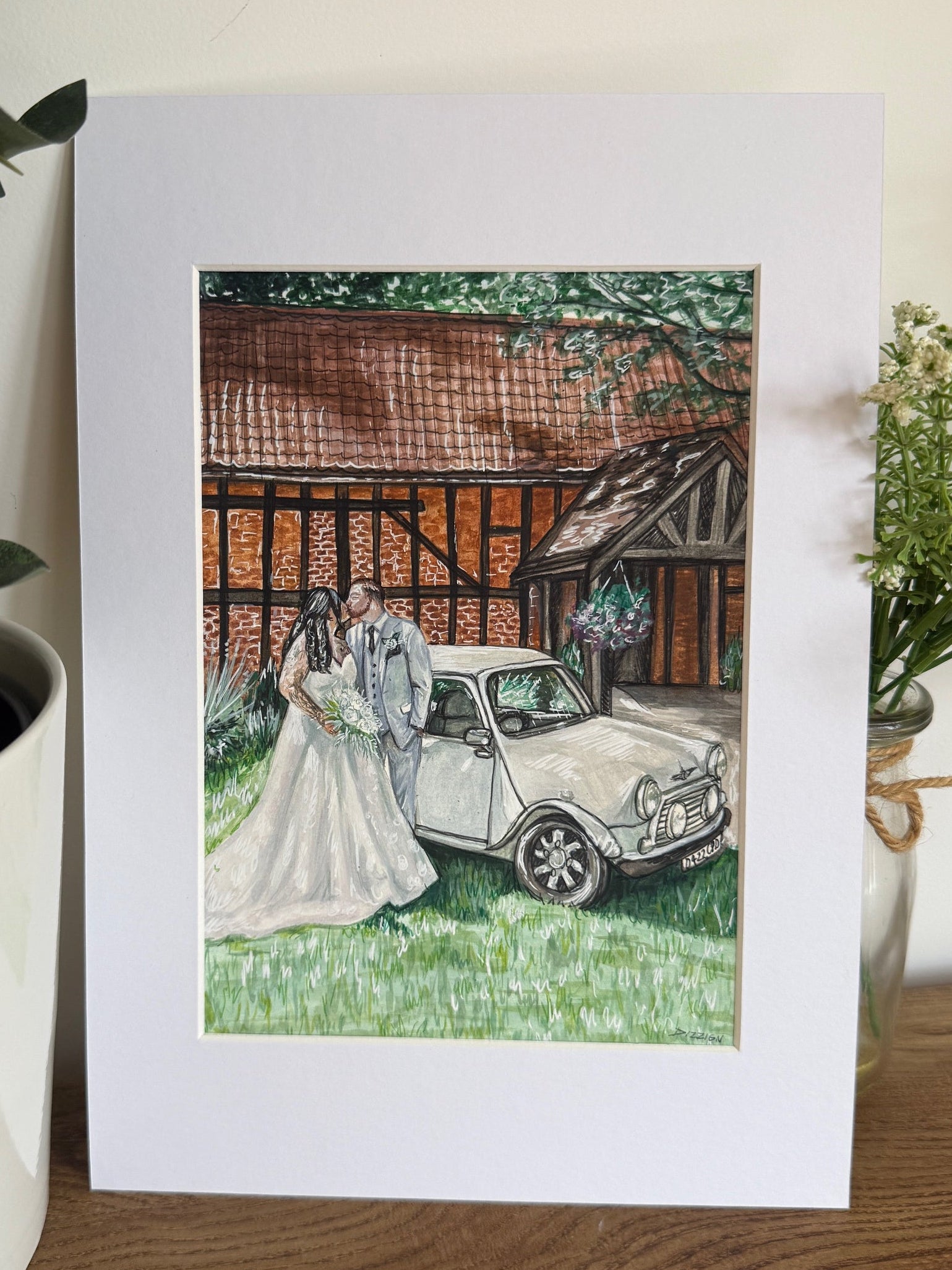 Colour wedding portrait of a couple beside a vintage car at their venue