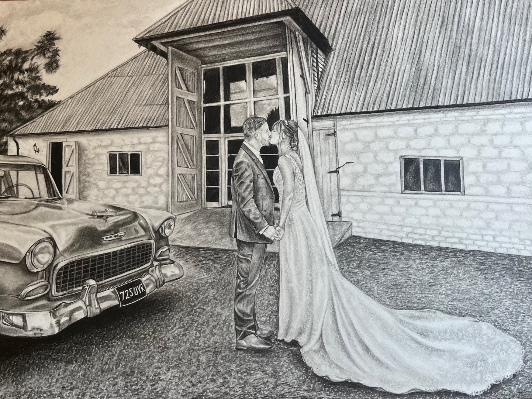 Graphite wedding portrait of a couple outside a venue with a vintage car